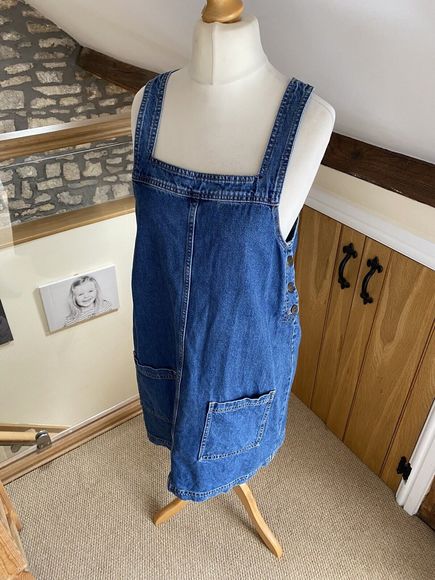 Fat Face Denim Short Dungaree Pinafore Dress UK 12 Blue Pockets Side Buttons - Picture 3 of 5